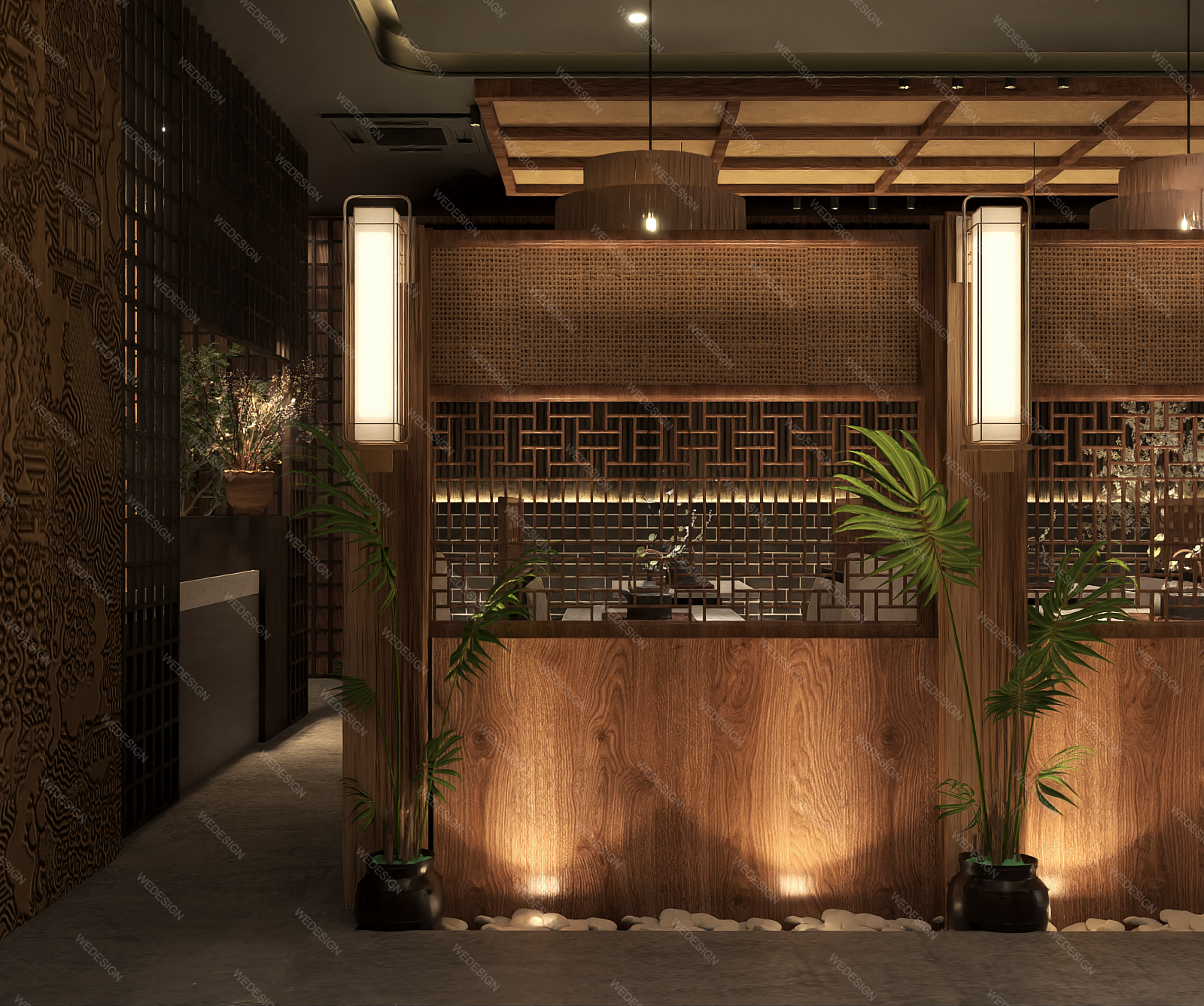 Restaurant lighting and material direction